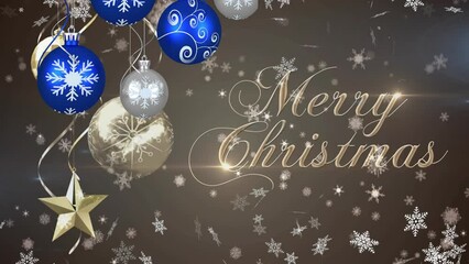 Poster - Animation of baubles and falling snowflakes and snow over merry christmas text with lens flare