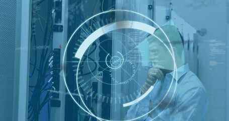 Poster - Animation of 5g text in circle with radar, confused caucasian man looking at server storage machine