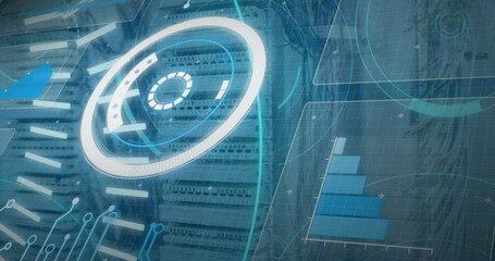 Poster - Animation of 5g text, radar, circles, bar graph and programming language over server rack