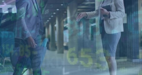 Poster - Animation of trading board over multiracial entrepreneurs shaking hands in lobby of office