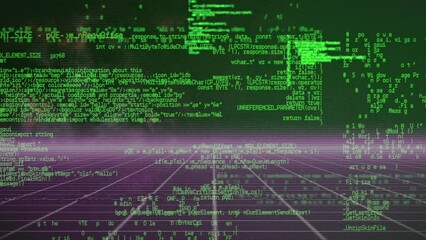 Poster - Animation of grid pattern with illuminated line against galaxy and programming language