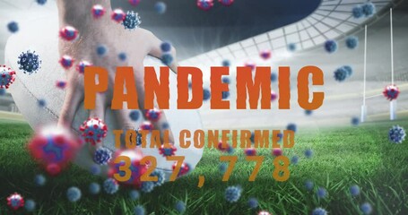 Poster - Animation of falling covid 19 cells and pandemic text over american football ball
