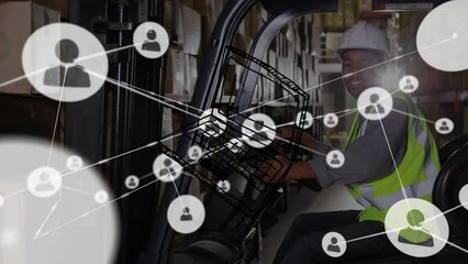Poster - Animation of vector graph and laptop, connected icons over african american man driving forklift