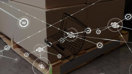 Poster - Animation of laptop illustration, connected icons over cardboard boxes on wooden pallet in warehouse