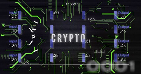 Poster - Animation of crypto text and input and outputs text over blue lines and circuit board patten