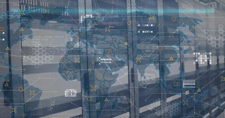 Poster - Animation of icons in circles and geometric shapes over map against server room