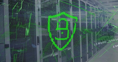 Poster - Animation of padlock in shield, abstract pattern and programming language over server room