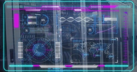 Poster - Animation of abstract pattern and infographic interface against server room in background