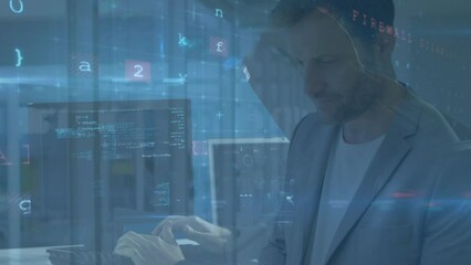 Poster - Animation of data processing over caucasian man and hacker in server room