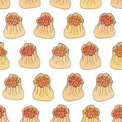 Siu mai dim sum seamless pattern vector illustration. Shumai isolated on white background. Traditional Chinese steamed open dumplings. For packaging decoration