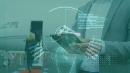 Poster - Video of artificial intelligence with interface while businessman using tablet pc outside airplane