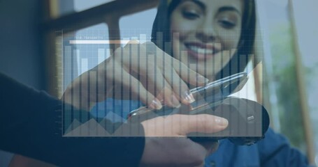 Poster - Animation of data processing over caucasian woman paying with smartphone