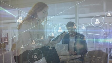 Poster - Animation of network of connections with icons over caucasian businesswoman using tablet