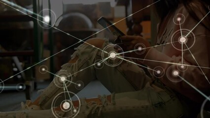 Poster - Animation of network of connections with icons over biracial woman using tablet