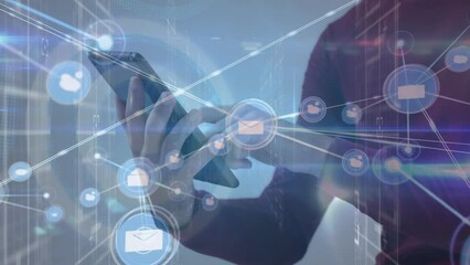 Poster - Animation of network of connections with icons over caucasian businessman using tablet