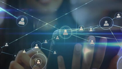 Poster - Animation of network of connections with icons over biracial businesswoman using tablet