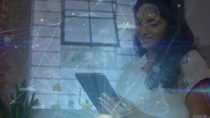 Poster - Animation of network of connections with data processing over biracial businesswoman using tablet