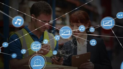 Poster - Animation of network of connections with icons over diverse workers in warehouse