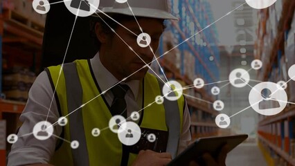 Poster - Animation of network of connections with icons over caucasian male worker in warehouse