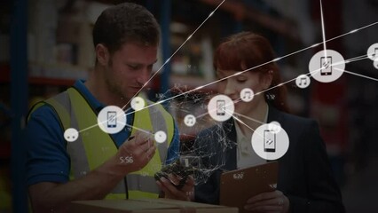 Poster - Animation of network of connections with icons over diverse workers in warehouse