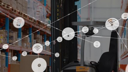 Poster - Animation of network of connections with icons over warehouse