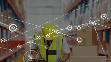 Poster - Animation of network of connections with icons over caucasian male worker in warehouse