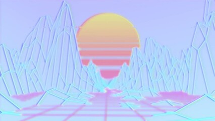 Poster - Animation of digital mountains and sun on blue background