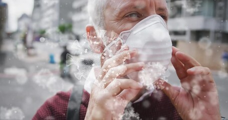 Poster - Animation of covid 19 cells over caucasian man wearing face mask