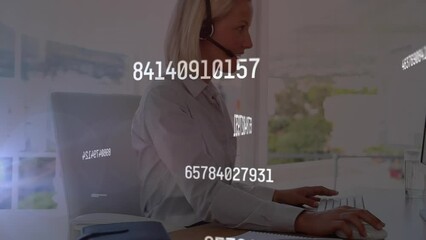 Poster - Animation of data processing over caucasian businesswoman in office