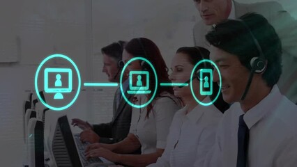 Poster - Animation of media icons over diverse business people in office