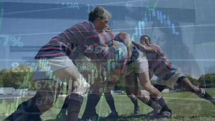Poster - animation of financial data processing over diverse rugby players and business people