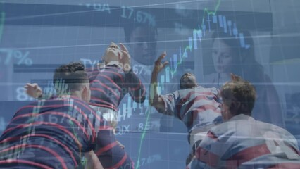 Poster - animation of financial data processing over diverse rugby players and business people