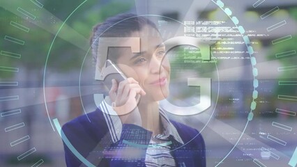 Poster - Animation of data processing with 5g text and scope scanning over caucasian businesswoman
