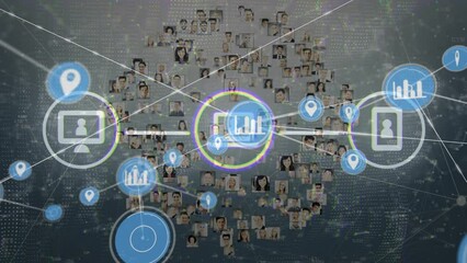 Poster - Animation of network of connections with icons over globe with people portraits on blue background