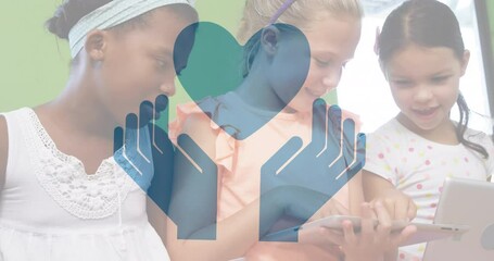Poster - Animation of hands with heart icon over diverse children using tablet