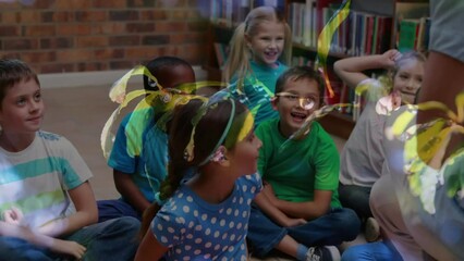 Poster - Animation of leaves over diverse schoolchildren and teacher