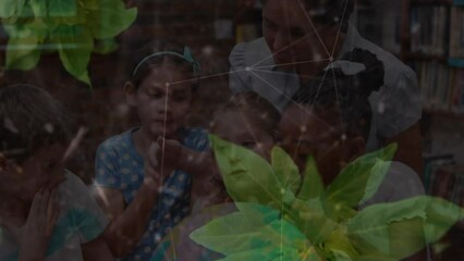 Poster - Animation of leaves and network of connections over diverse schoolchildren and teacher