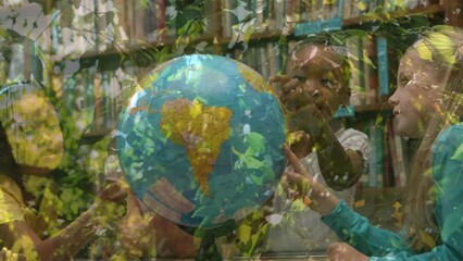 Poster - Animation of leaves over diverse schoolchildren looking at globe