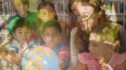 Poster - Animation of leaves over diverse schoolchildren and teacher looking at globe