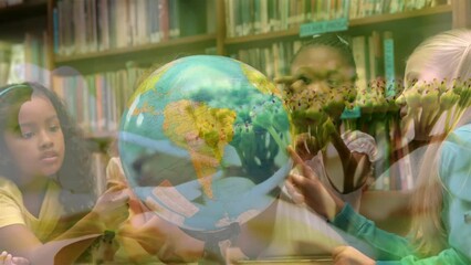 Poster - Animation of plants over diverse schoolchildren looking at globe