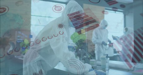 Poster - Animation of data processing over diverse people disinfecting office