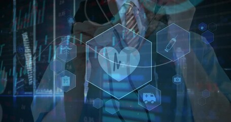 Poster - Animation of data processing and caucasian businessman over caucasian female doctor