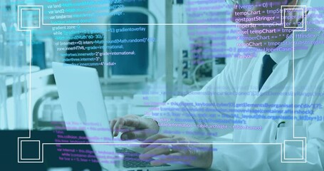 Poster - Animation of data processing over caucasian male scientist in lab
