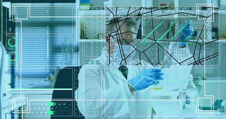 Poster - Animation of data processing over caucasian male scientist in lab