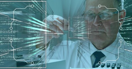 Poster - Animation of data processing over caucasian male scientist in lab