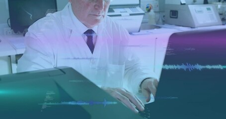Poster - Animation of data processing over caucasian male scientist in lab