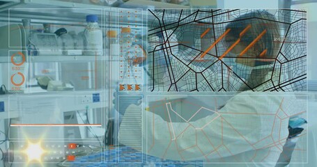 Poster - Animation of data processing over biracial female scientist in lab
