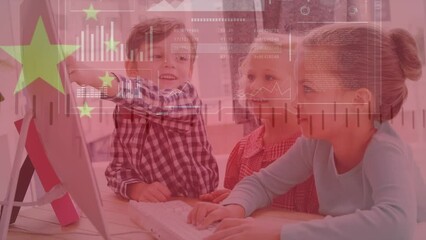 Poster - Animation of data processing and flag of china over caucasian children in office