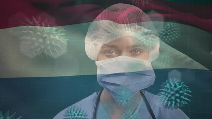 Sticker - Animation of flag of netherlands and virus cells over caucasian doctor with face mask