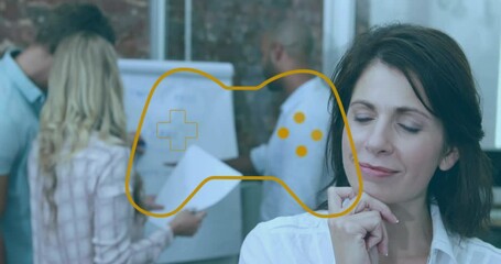 Poster - Animation of shapes and gamepad icon over diverse business people in office